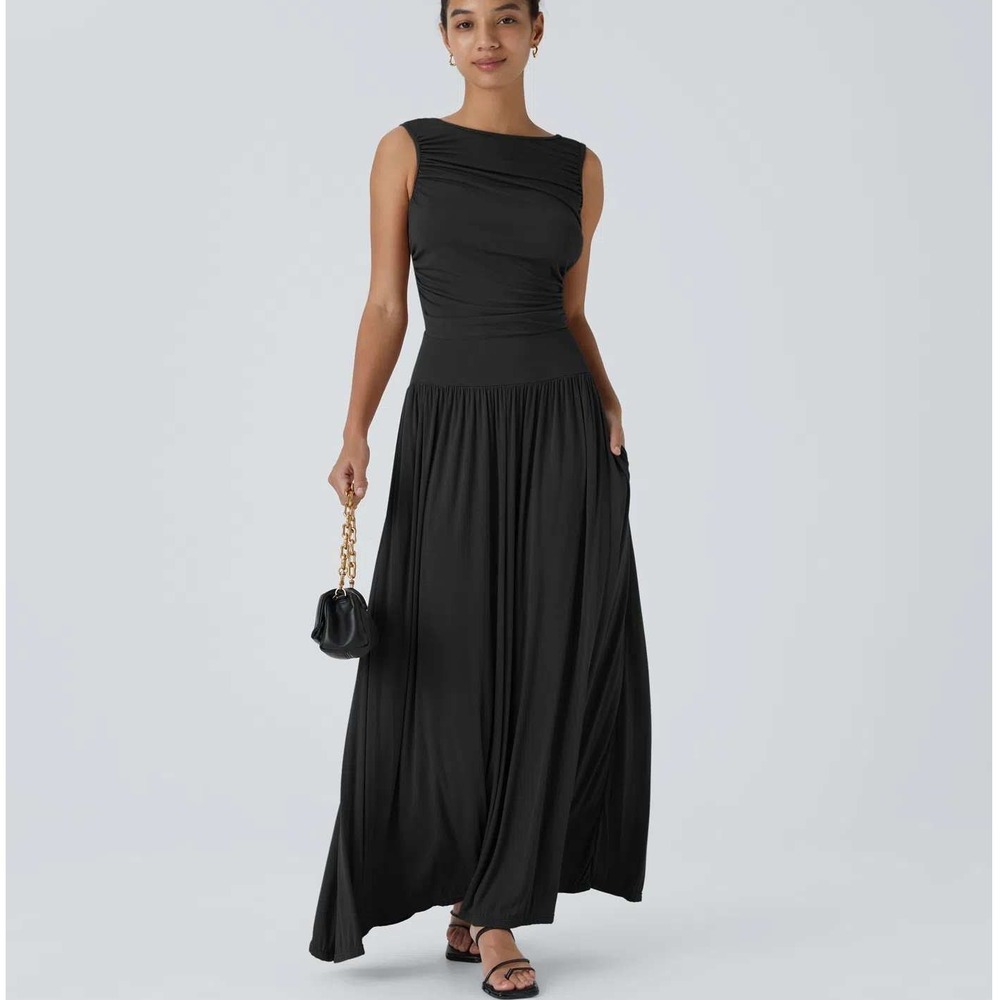Halara NWT Dress Boat Neck Asymmetric Strap Ruched Pocket Flowy Maxi Casual